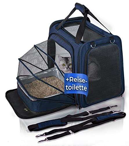 You Decide Munich Katzentransportbox mit Reise-Katzenklo, Faltbare Transportbox mit Katzentoilette (mit Deckel), Katzen-Transporttasche auch für große Katzen, Cat´s Premium Suite LX, Marine von YOU DECIDE MUNICH