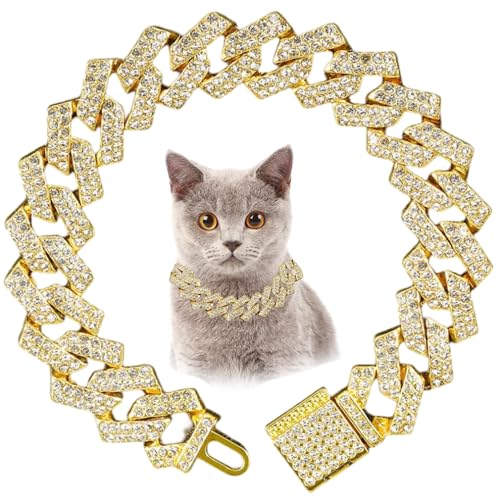Goldfarbenes Katzenkettenhalsband mit Diamanten, glitzernde Strasssteine, kubanische Glieder-Hundehalsband, Glitzer-Welpen-Halskette, Schmuck für kleine, mittelgroße und große Haustiere, 20,3 cm Goldfarbenes Katzenkettenhalsband mit Diamanten, glitzernde Strasssteine, kubanische Glieder-Hundehalsband, Glitzer-Welpen-Halskette, Schmuck für kleine, mittelgroße und große Haustiere, 20,3 cm von YOUALSO