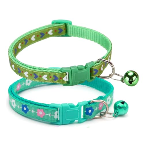 Grünes Katzenhalsband mit Glöckchen, 2 Stück, Herz und Blumenmuster, Kätzchen-Halsband mit Glöckchen, kleines Hundehalsband für XXS, XS, kleine Hündinnen Grünes Katzenhalsband mit Glöckchen, 2 Stück, Herz und Blumenmuster, Kätzchen-Halsband mit Glöckchen, kleines Hundehalsband für XXS, XS, kleine Hündinnen von YOUALSO