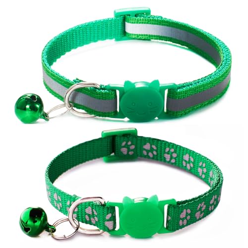 Grünes Katzenhalsband mit Glöckchen, [2er-Pack] Break Away Katzenhalsband mit Glöckchen, reflektierendes Kätzchenhalsband für Jungen, Haustier, Katzen, Kätzchen von YOUALSO