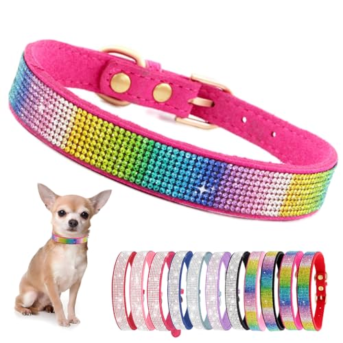 Hundehalsband Kleine Hunde, Halsband Welpe Mit Strass Perlen Glitzer Kristall Steine MäDchen Halsband Katze HüNdin Strasssteinen,Buntes Pink XXS von YOUALSO