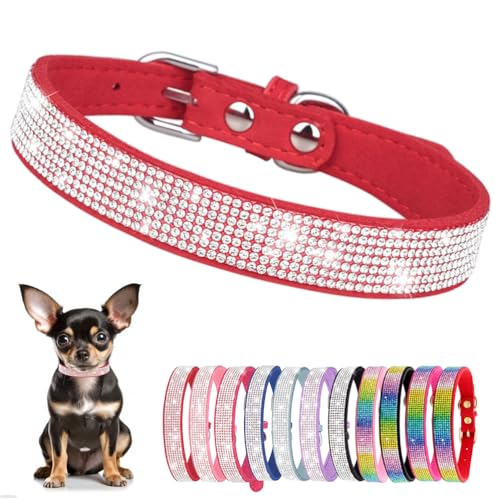 Hundehalsband Kleine Hunde, Halsband Welpe Mit Strass Perlen Glitzer Kristall Steine MäDchen Halsband Katze HüNdin Strasssteinen,Rot XXS von YOUALSO