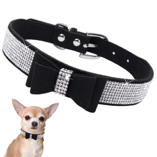 Hundehalsband Kleine Hunde Mit Fliege, Schleife Halsband Welpe Mit Strass Perlen Glitzer Kristall Steine MäDchen Halsband Katze HüNdin Strasssteinen,Schwarz XXS von YOUALSO