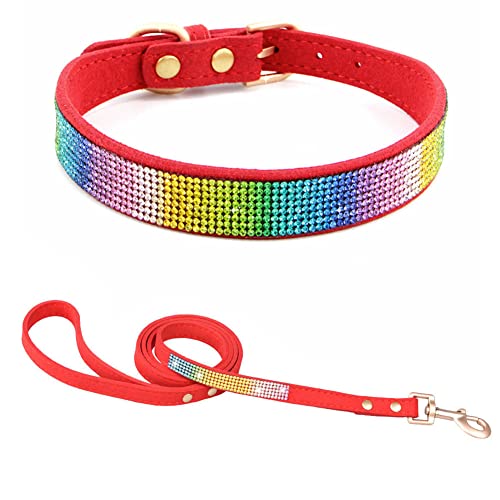 Hundehalsband Kleine Hunde mit Leine, Halsband Welpe Mit Strass Perlen Glitzer Kristall Steine MäDchen Halsband Katze HüNdin Strasssteinen,Buntes Rot XXL von YOUALSO