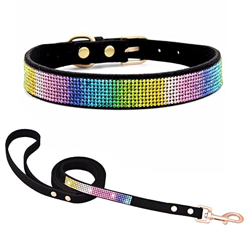 Hundehalsband Kleine Hunde mit Leine, Halsband Welpe Mit Strass Perlen Glitzer Kristall Steine MäDchen Halsband Katze HüNdin Strasssteinen,Buntes Schwarz XS von YOUALSO