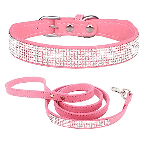 Hundehalsband Kleine Hunde mit Leine, Halsband Welpe Mit Strass Perlen Glitzer Kristall Steine MäDchen Halsband Katze HüNdin Strasssteinen,Rosa L von YOUALSO