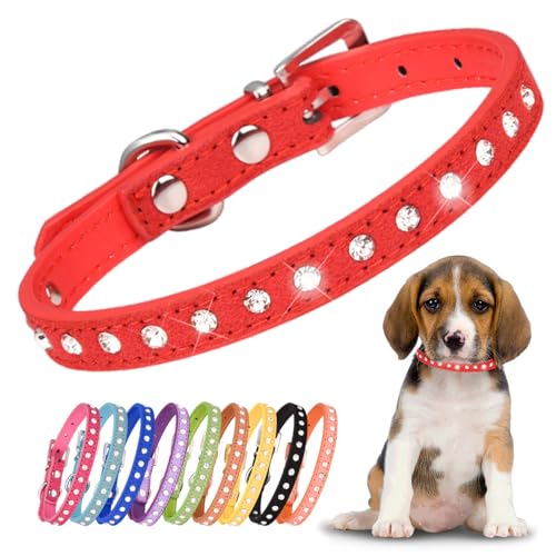 Kleine Hunde Hundehalsband Leuchtend, Halsband Hund Klein Mit Kristalldiamanten Glitzernd Kristall Halsung Hund Diamant Bling Welpenhalsband Welpe HundehalsbäNder,Rot S von YOUALSO