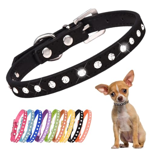 Kleine Hunde Hundehalsband Leuchtend, Halsband Hund Klein Mit Kristalldiamanten Glitzernd Kristall Halsung Hund Diamant Bling Welpenhalsband Welpe HundehalsbäNder,Schwarz XXS von YOUALSO