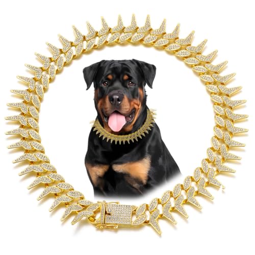 Hundehalsband mit goldfarbener Kette, cooler Stachel-Stil, glitzernder Diamant, kubanische Glieder-Hundehalsband, Glitzer-Strass, Welpenhalsband für kleine, mittelgroße und große Haustiere, 50,8 cm Hundehalsband mit goldfarbener Kette, cooler Stachel-Stil, glitzernder Diamant, kubanische Glieder-Hundehalsband, Glitzer-Strass, Welpenhalsband für kleine, mittelgroße und große Haustiere, 50,8 cm von YOUALSO