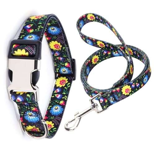 Hundehalsband und Leine, Set für den täglichen Outdoor-Spaziergang, Laufen, Training, Weltraum-Design für mittelgroße Jungen, Mädchen, Hunde, Katzen, Haustiere, (Schwarz Phoenix Blumen M) von YOUALSO