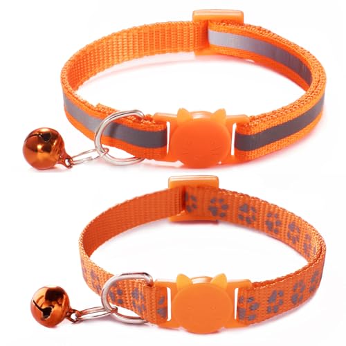 Katzenhalsband mit Glöckchen, Orange mit Glöckchen, reflektierendes Katzenhalsband für Mädchen, Katzen, Jungen, Kätzchen, 2 Stück Katzenhalsband mit Glöckchen, Orange mit Glöckchen, reflektierendes Katzenhalsband für Mädchen, Katzen, Jungen, Kätzchen, 2 Stück von YOUALSO