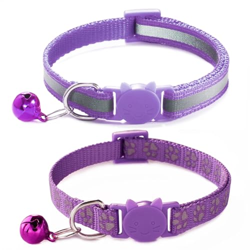 Katzenhalsband mit Glöckchen, Violett, 2 Stück, mit Glöckchen, reflektierendes Katzenhalsband für Mädchen, Katzen, Kätzchen Katzenhalsband mit Glöckchen, Violett, 2 Stück, mit Glöckchen, reflektierendes Katzenhalsband für Mädchen, Katzen, Kätzchen von YOUALSO