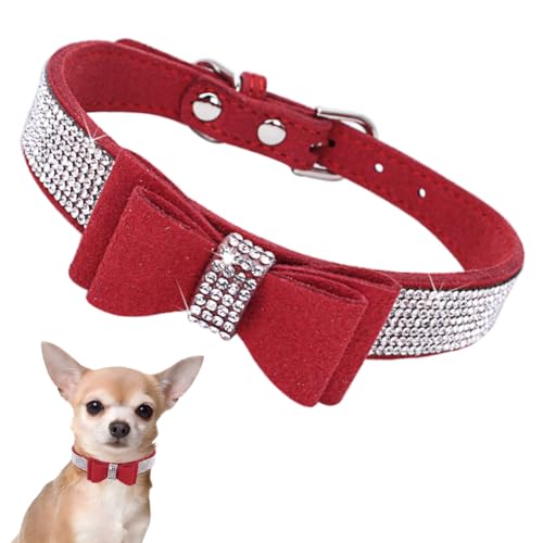 Hundehalsband Kleine Hunde Mit Fliege, Schleife Halsband Welpe Mit Strass Perlen Glitzer Kristall Steine MäDchen Halsband Katze HüNdin Strasssteinen,Rot S von YOUALSO