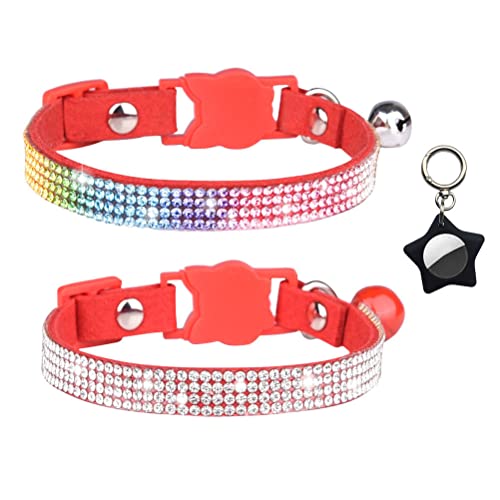 Niedliches Katzenhalsband mit Glöckchen und Airtag-Hülle, 2 Stück, ausgefallene glitzernde Strasssteine, funkelnde Diamant-Kristall, Kleintiere, Rot S von YOUALSO