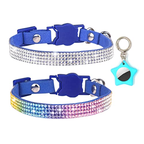 Niedliches Katzenhalsband mit Glöckchen und Airtag-Hülle, 2 Stück, ausgefallene glitzernde Strasssteine, funkelnde Diamant-Kristall, weiche Breakaway-Halsbänder für Jungen, Haustier, Dunkelblau, S von YOUALSO