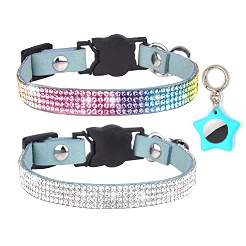 Niedliches Katzenhalsband mit Glöckchen und Airtag-Hülle, 2 Stück, ausgefallene glitzernde Strasssteine, funkelnde Diamant-Kristall, weiche Breakaway-Halsbänder für Jungen, Kleintiere, Blau XS von YOUALSO