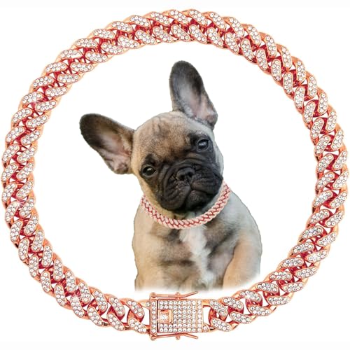 Roségoldene Hundehalsbänder für mittelgroße Hunde, glitzernde Strasssteine, glitzernde Diamanten, Metallhalskette, kubanische Glieder-Hundehalsbänder für kleine, mittelgroße und große Hunde, Welpen, von YOUALSO