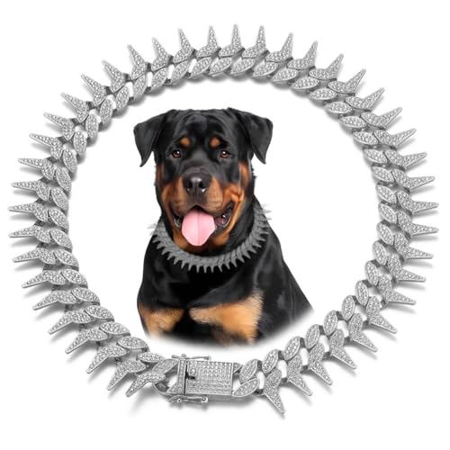 Silberfarbene Hundekette, cooler Stachel-Stil, glitzernder Diamant, kubanische Glieder-Hundehalsband, Glitzer-Strass, Welpenhalsband für kleine, mittelgroße und große Haustiere, 40,6 cm Silberfarbene Hundekette, cooler Stachel-Stil, glitzernder Diamant, kubanische Glieder-Hundehalsband, Glitzer-Strass, Welpenhalsband für kleine, mittelgroße und große Haustiere, 40,6 cm von YOUALSO