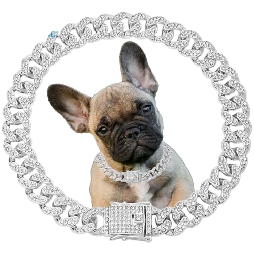 Silberkette für Hunde, glitzernde Strasssteine, glitzernde Diamanten, Metall-Halskette, kubanische Glieder-Hundehalsbänder für kleine, mittelgroße und große Hunde, 35,6 cm Silberkette für Hunde, glitzernde Strasssteine, glitzernde Diamanten, Metall-Halskette, kubanische Glieder-Hundehalsbänder für kleine, mittelgroße und große Hunde, 35,6 cm von YOUALSO