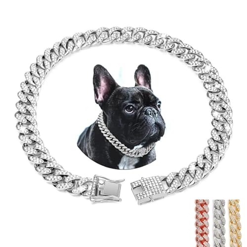 Silberne Kette Hundehalsband für große Hunde, glitzernde Strasssteine, glitzernde Diamanten, kubanische Glieder-Halskette für kleine, mittelgroße und große Hunde, 55,9 cm Silberne Kette Hundehalsband für große Hunde, glitzernde Strasssteine, glitzernde Diamanten, kubanische Glieder-Halskette für kleine, mittelgroße und große Hunde, 55,9 cm von YOUALSO