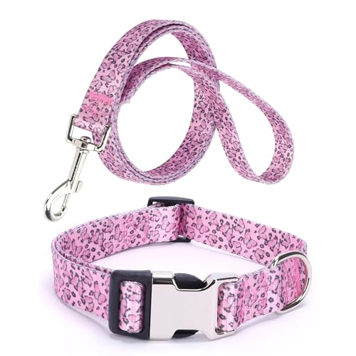 Welpenhalsband und Leine, Set für den täglichen Spaziergang im Freien, Laufen, Training, Design für extra kleine Jungen, Mädchen, Hunde, Katzen, Haustiere, (Rosa Leopard Schmetterling XS) von YOUALSO