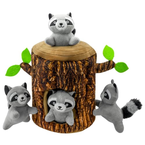 YOUBEMAGIC Hide and Seek Hundespielzeug, quietschendes Waschbär-Plüschtier, interaktives Hundespielzeug, um sie zu beschäftigen, Haustierzähne sauber zu halten, Kauspielzeug für kleine und mittelgroße von YOUBEMAGIC