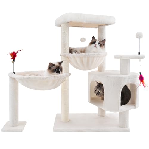 YOUPET Kratzbaum mit Katzenhöhle und Kratzbaum für Indoor-Katzen, Katzenturm, Kletteraktivität mit Kratzbäumen, mehrstöckig, Katzenmöbel mit zwei großen Hängematten, Beige von YOUPETSER