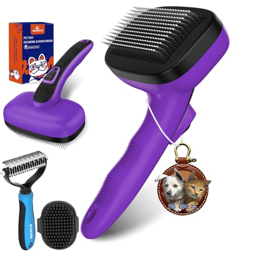 YOYUPETA Hundefellbürste Set – Selbstreinigende Slicker Bürste (mittel) mit Badebürste & Unterwollkamm | 3-in-1 Pflegewerkzeug für Hunde & Katzen, ideal bei starkem Fellwechsel & dichtem Fell, Lila von YOYUPETA