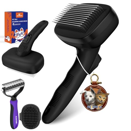YOYUPETA Hundefellbürste Set – Selbstreinigende Slicker Bürste (mittel) mit Badebürste & Unterwollkamm | 3-in-1 Pflegewerkzeug für Hunde & Katzen, ideal bei starkem Fellwechsel & dichtem Fell, Schwarz von YOYUPETA