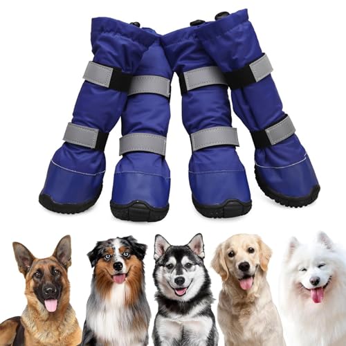 4 Stück Hunde-Regenstiefel, Reflektierende Stiefel, wasserdichte Hunde-Regenstiefel, Schneeschuhe Für Hunde Mit Warmem Fleece, Reflektierenden Riemen Und Rutschfester Sohle,Blau,L von YPDOPORA