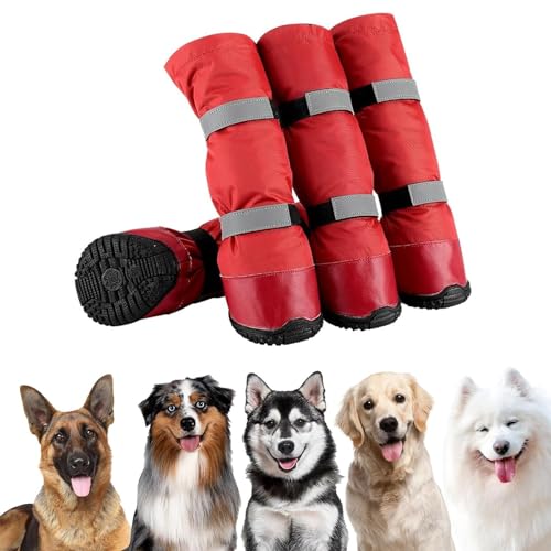 4 Stück Hunde-Regenstiefel, Reflektierende Stiefel, wasserdichte Hunde-Regenstiefel, Schneeschuhe Für Hunde Mit Warmem Fleece, Reflektierenden Riemen Und Rutschfester Sohle,Rot,S von YPDOPORA