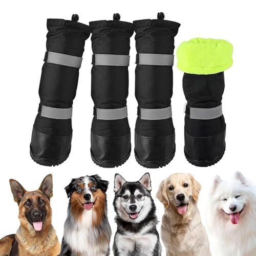 4 Stück Hunde-Regenstiefel, Reflektierende Stiefel, wasserdichte Hunde-Regenstiefel, Schneeschuhe Für Hunde Mit Warmem Fleece, Reflektierenden Riemen Und Rutschfester Sohle,Schwarz,L von YPDOPORA