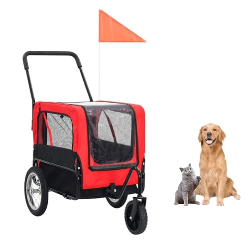 YPDOPORA 2-In-1-Fahrradanhänger Und Jogging-Kinderwagen Für Haustiere Mit Abnehmbarem Kunststoff-Regenschutz Und Schnellverschlusshaken, Zusammenklappbar Für Einfache Lagerung,Rot von YPDOPORA