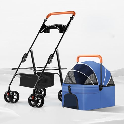 YPDOPORA 3-In-1-Kinderwagen Für Haustiere, Katzen Und Hunde, Tragbarer Hundekinderwagen Mit 4 Rädern, Hundekinderwagen Mit Einstellbarer Griffhöhe Und Abnehmbarem Träger, Getränkehalter,Blau von YPDOPORA