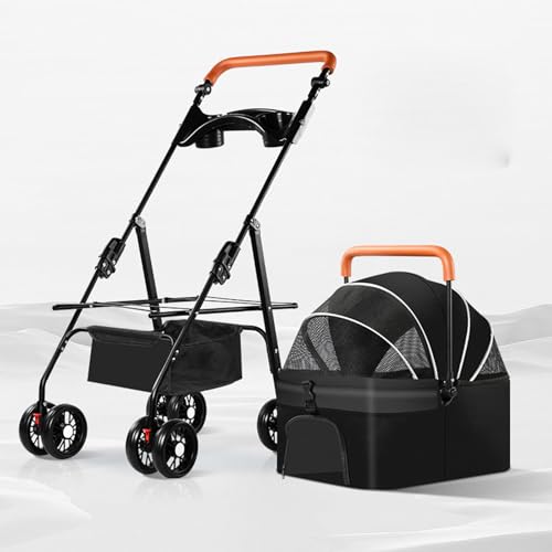 YPDOPORA 3-In-1-Kinderwagen Für Haustiere, Katzen Und Hunde, Tragbarer Hundekinderwagen Mit 4 Rädern, Hundekinderwagen Mit Einstellbarer Griffhöhe Und Abnehmbarem Träger, Getränkehalter,Schwarz von YPDOPORA
