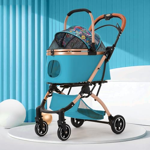 YPDOPORA 3-In-1-Klappkinderwagen Für Haustiere, Hunde- Und Katzenkinderwagen Mit 4 Rädern, Abnehmbarer Reisetasche Für Haustiere, Zusammenklappbarer Teleskop-Katzenkinderwagen,Blau von YPDOPORA
