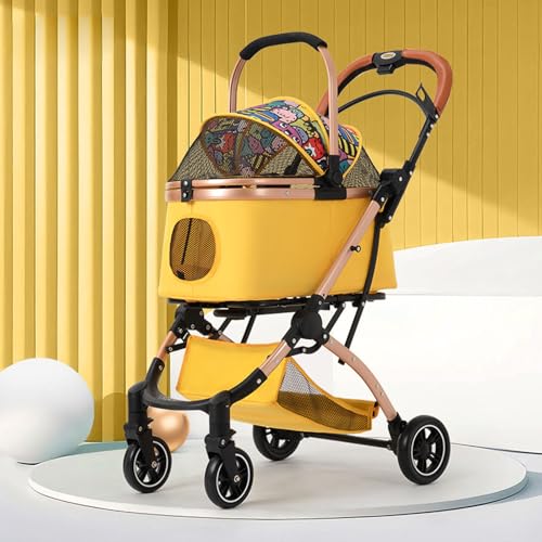 YPDOPORA 3-In-1-Klappkinderwagen Für Haustiere, Hunde- Und Katzenkinderwagen Mit 4 Rädern, Abnehmbarer Reisetasche Für Haustiere, Zusammenklappbarer Teleskop-Katzenkinderwagen,Gelb von YPDOPORA