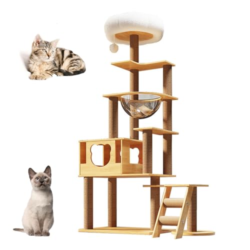 YPDOPORA 65 Zoll Großer Kratzbaumturm Aus Reinem Holz Mit Mehreren Ebenen Und Katzenhaus, 13 Kratzbäumen Mit Gepolstertem Plattformbett, Spielzeugbällen Und Sisalkratzboden, Kratzbaum Für Hauskatzen von YPDOPORA
