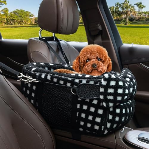 YPDOPORA Autositz Für Hundekonsole, Mittelkonsolen-Autositz Für Hunde Unter 15 Pfund, Mittelkonsolen-Autositz Für Haustiere Mit Lammwolle Und Sicherheitsgurten Mit Doppeltem Schutz,Schwarz von YPDOPORA