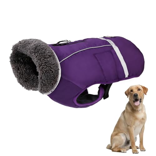 YPDOPORA Dicker, Warmer, Reflektierender Hundemantel, Groß, Fleece Gefütterte Winterjacke Für Hunde, Rollkragenjacke Mit Revers, Wintermantel Für Haustiere Mit D-Ring, Loch Für Geschirr,Lila,L von YPDOPORA