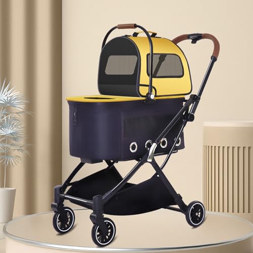 YPDOPORA Doppelter Haustier-Buggy Für Kleine Und Mittelgroße Hunde Und Katzen, 4-In-1 Faltbarer Doppel-Buggy, Leichte Separate Katzenbuggys Für Katzen Und Hunde Mit Aufbewahrungskorb,Gelb von YPDOPORA