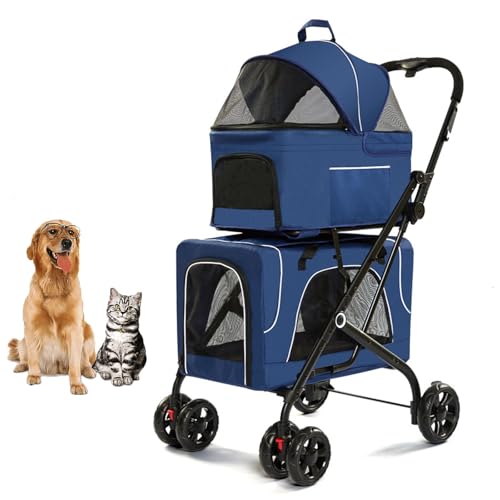 YPDOPORA Doppelter Hundebuggy, Faltbarer 3-In-1-Katzenbuggy Mit 2 Abnehmbaren Trägern, Sicherheitsgurt, Waschbarem Bezug, Abnehmbaren Polstern, 4 Rädern, Reise-Haustierbuggy Für Hunde Und Katzen,Blau YPDOPORA Doppelter Hundebuggy, Faltbarer 3-In-1-Katzenbuggy Mit 2 Abnehmbaren Trägern, Sicherheitsgurt, Waschbarem Bezug, Abnehmbaren Polstern, 4 Rädern, Reise-Haustierbuggy Für Hunde Und Katzen,Blau von YPDOPORA