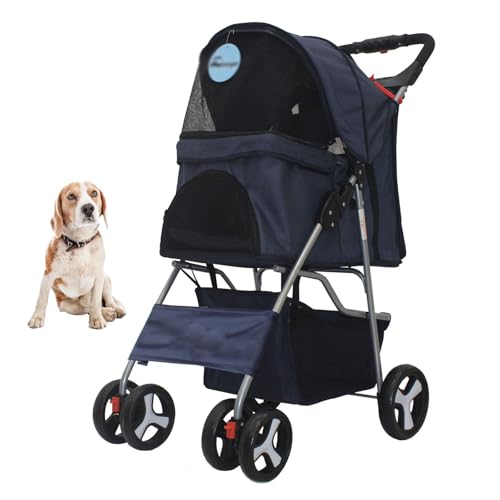 YPDOPORA Haustier-Buggy, 4 Räder, Faltbarer Katzen-/Hundebuggy Mit Aufbewahrungskorb, Griff, 360°-Vorderrad, Hinterrad Mit Bremse Für Kleine Und Mittelgroße Hunde Und Katzen,F von YPDOPORA