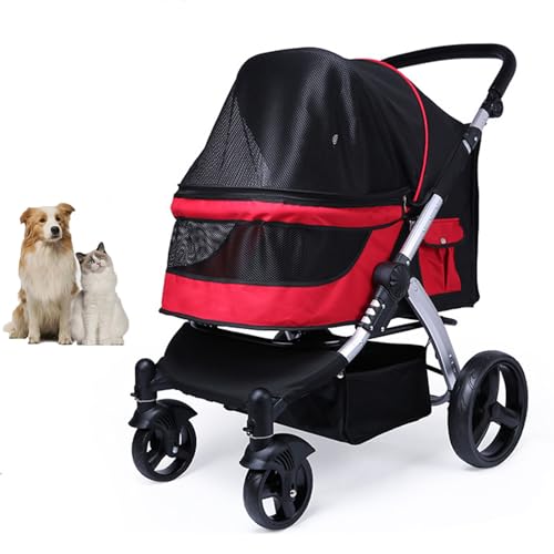 YPDOPORA Haustier-Buggy Für Große, Mittelgroße Hunde Und Katzen, Zusammenklappbarer Hundebuggy Mit 4 Rädern, Hundebuggy Mit Sicherheitssystem, 360° Schwenkbaren Rädern Und Verstellbaren Armlehnen,Rot von YPDOPORA