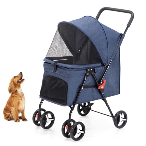 YPDOPORA Haustier-Buggy Für Kleine Und Mittelgroße Hunde Und Katzen, Faltbarer Haustier-Buggy Mit 360° Drehbaren Rädern, Stoßdämpfer, Aufbewahrungstaschen, Netzfenster, Sicherheitsgurt,Blau von YPDOPORA