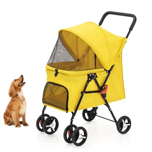 YPDOPORA Haustier-Buggy Für Kleine Und Mittelgroße Hunde Und Katzen, Faltbarer Haustier-Buggy Mit 360° Drehbaren Rädern, Stoßdämpfer, Aufbewahrungstaschen, Netzfenster, Sicherheitsgurt,Gelb von YPDOPORA