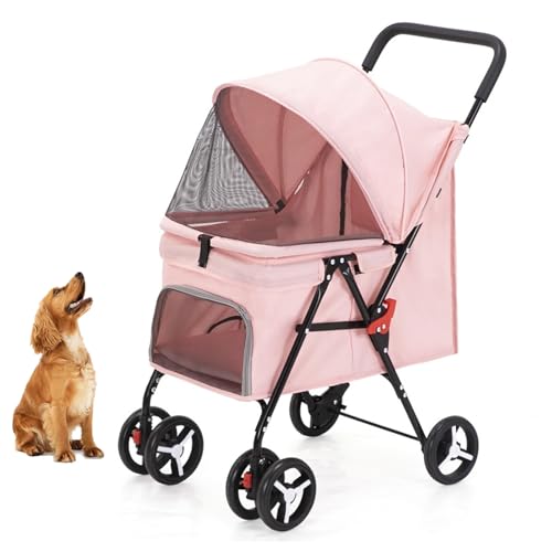 YPDOPORA Haustier-Buggy Für Kleine Und Mittelgroße Hunde Und Katzen, Faltbarer Haustier-Buggy Mit 360° Drehbaren Rädern, Stoßdämpfer, Aufbewahrungstaschen, Netzfenster, Sicherheitsgurt,Rosa von YPDOPORA