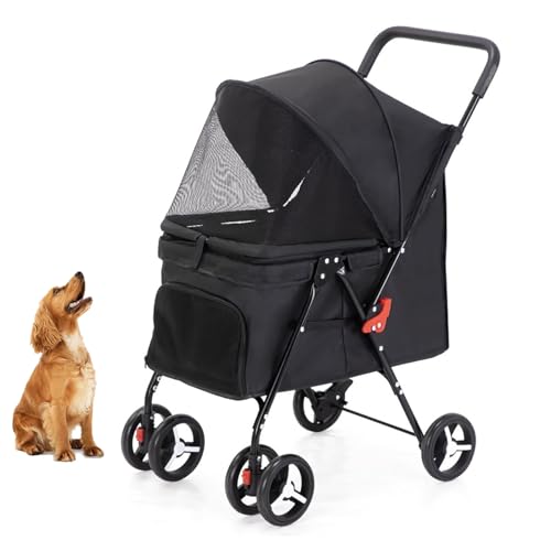 YPDOPORA Haustier-Buggy Für Kleine Und Mittelgroße Hunde Und Katzen, Faltbarer Haustier-Buggy Mit 360° Drehbaren Rädern, Stoßdämpfer, Aufbewahrungstaschen, Netzfenster, Sicherheitsgurt,Schwarz von YPDOPORA