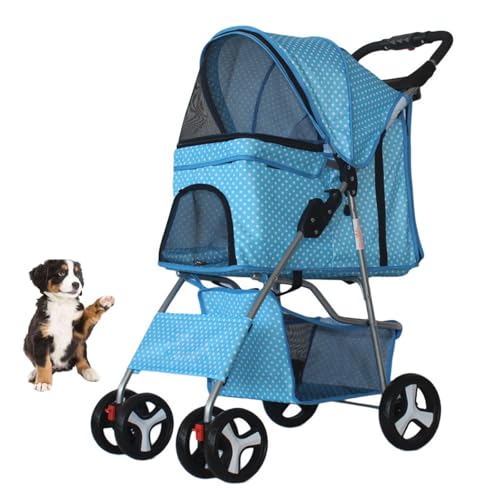 YPDOPORA Haustier-Buggy Mit 4 Rädern, Multifunktionaler Jogger-Buggy Für Hunde Und Katzen, Zusammenklappbarer, Leichter Reisebuggy Mit Abnehmbarer Trage Und Getränkehalter Für Hunde Und Katzen,Blau von YPDOPORA