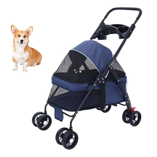 YPDOPORA Haustier-Kinderwagen, 4 Räder, Hunde- Und Katzen-Kinderwagen, Faltbarer Hunde- Und Katzenkäfig-Jogger-Kinderwagen Mit Aufbewahrungskorb Und Getränkehalter, Atmungsaktiv,Blau von YPDOPORA